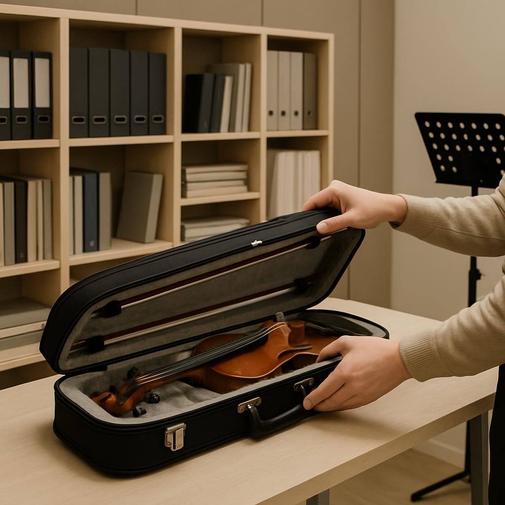 The image depicts an individual opening a violin case, which is placed on a desk in a room filled with bookshelves and mus...