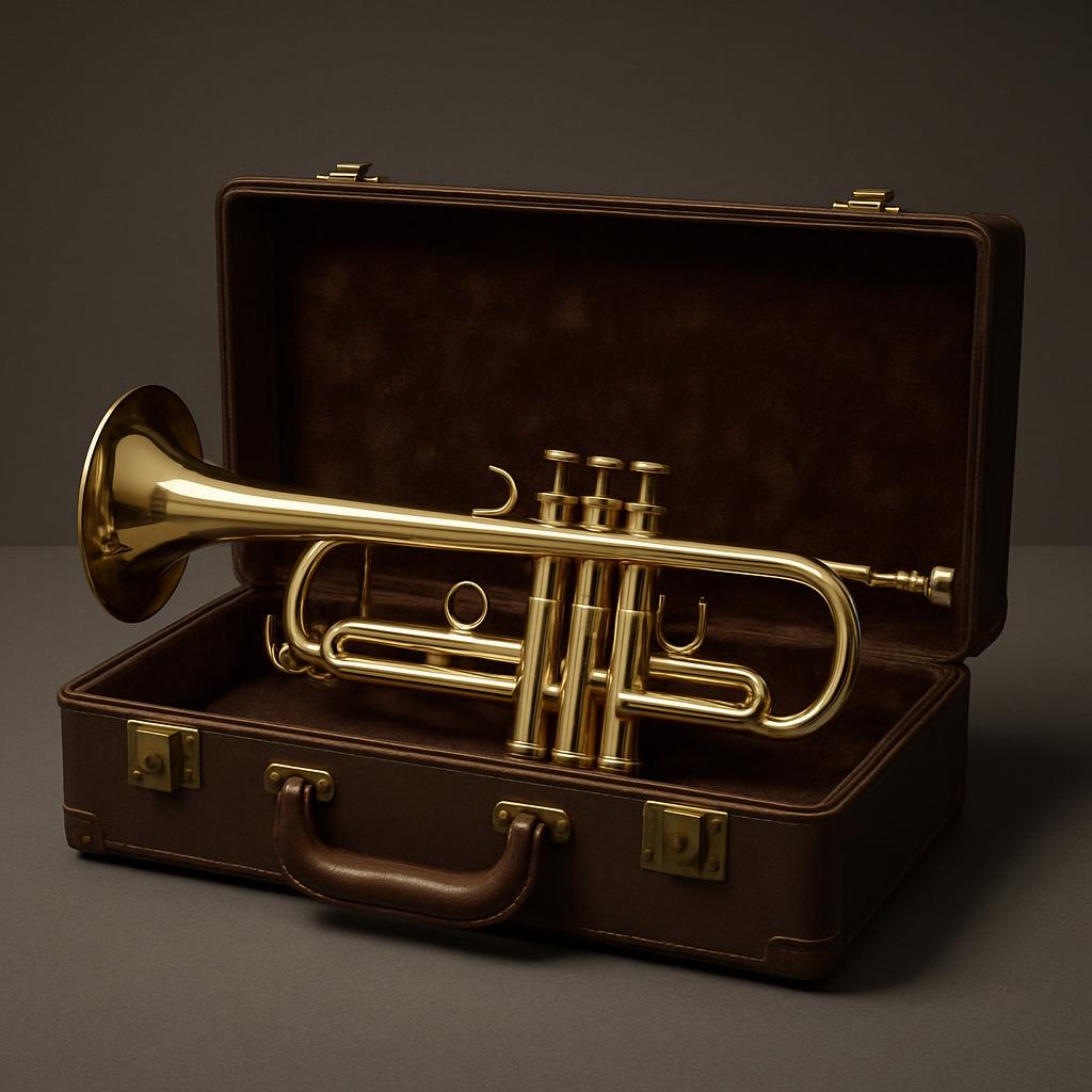 : Gold trumpet in a brown leather instrument case.