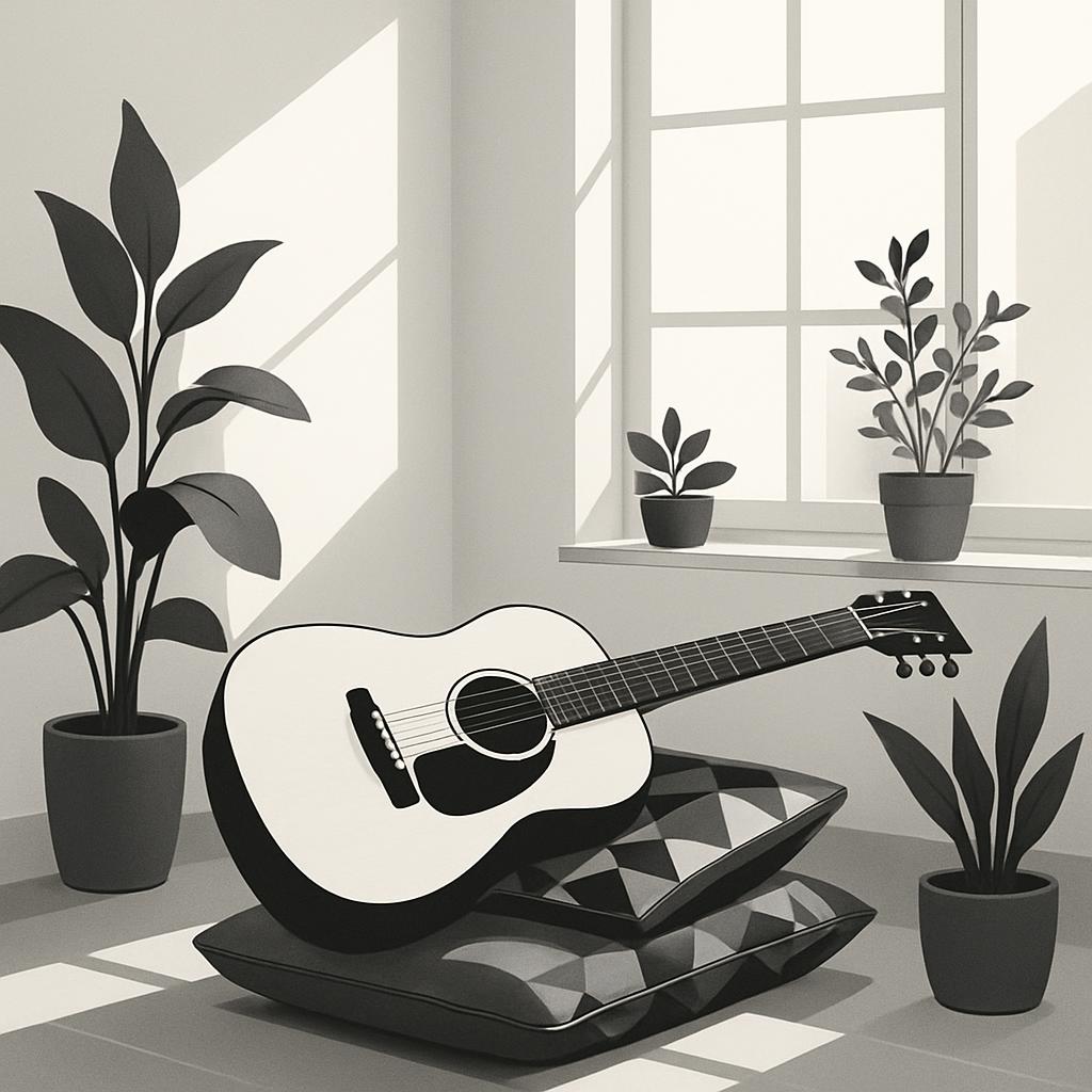 A grayscale illustration of an acoustic guitar, placed on a square cushion, within a room featuring a window and potted pl...
